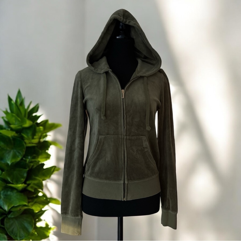 Juicy Couture Robertson Army Green Velour Zip Hoodie - Size S
